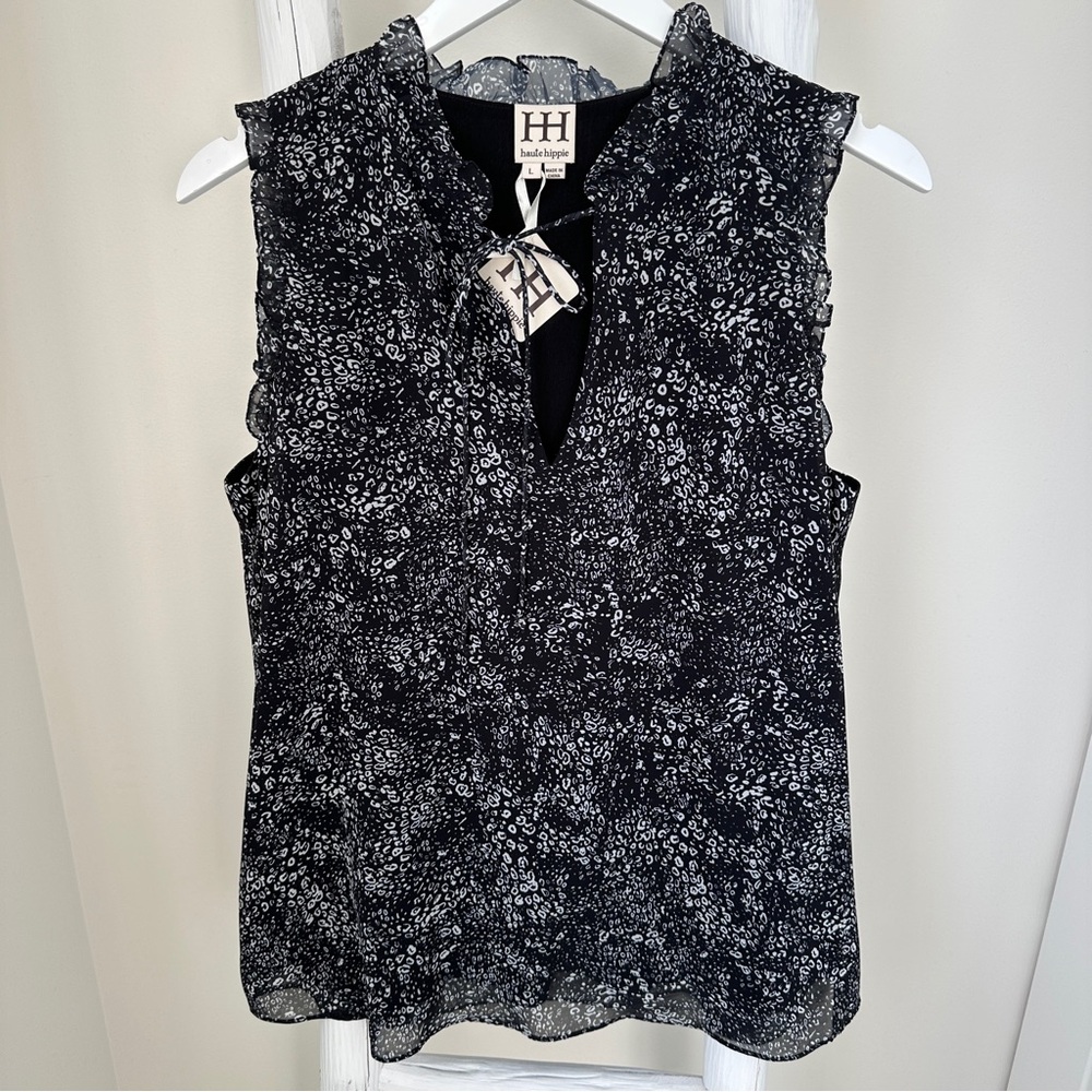 Haute Hippie Split Neck Black and White Patterned Sleeveless Tank Blouse Size L
